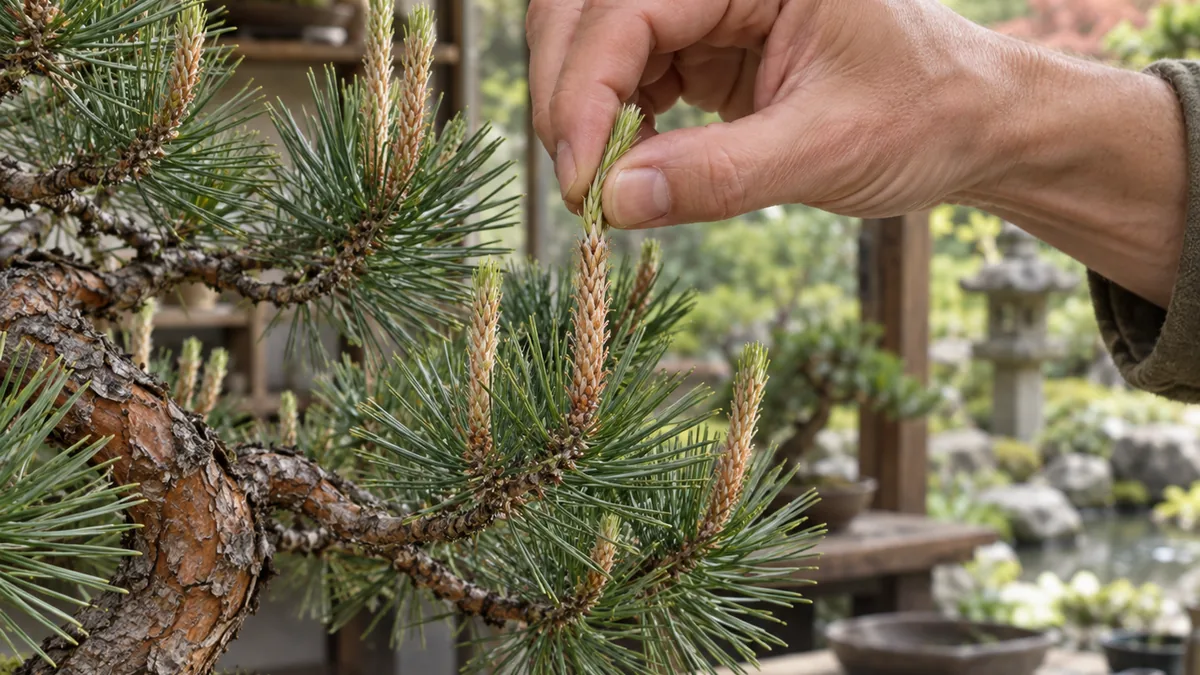 Pincement d’une chandelle printanière sur un bonsaï pin sylvestre