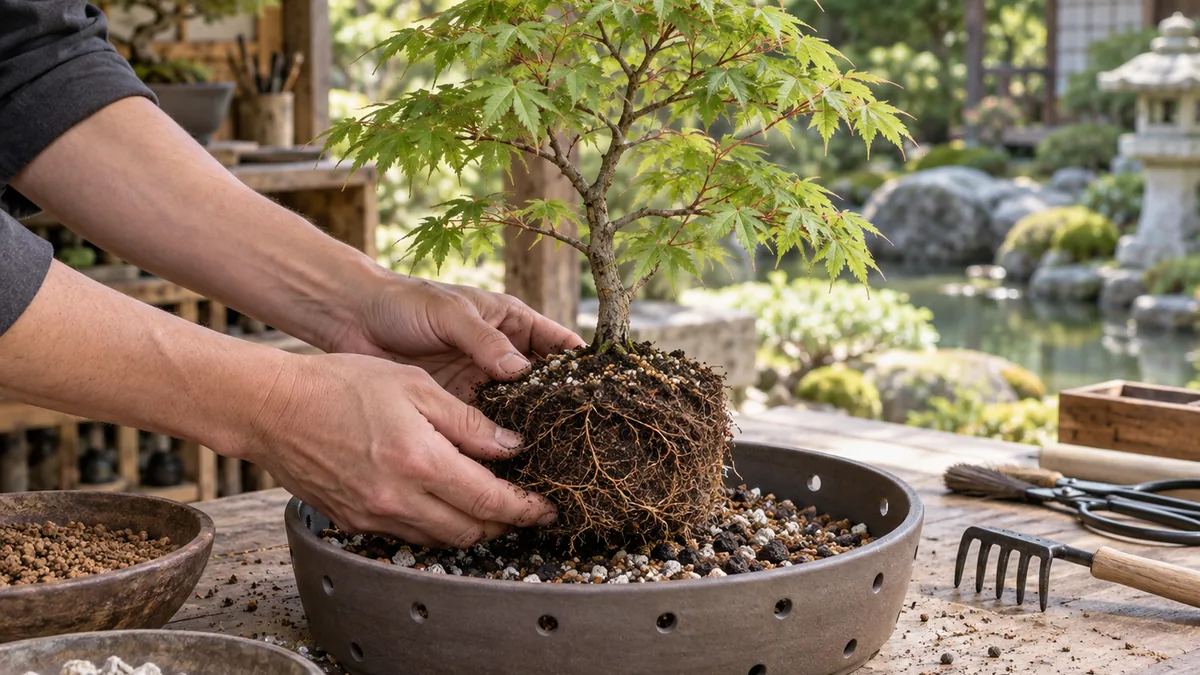 Plantation d’un Acer palmatum dans un pot percé avec un substrat drainant