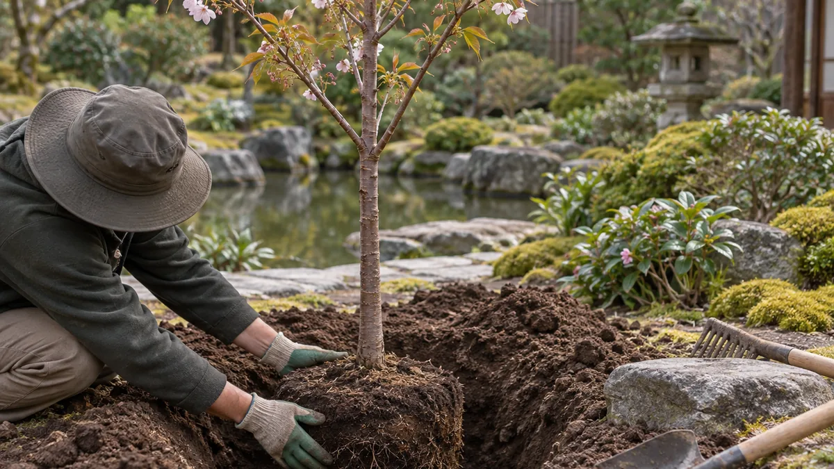 Plantation d’un jeune cerisier japonais dans une terre ameublie