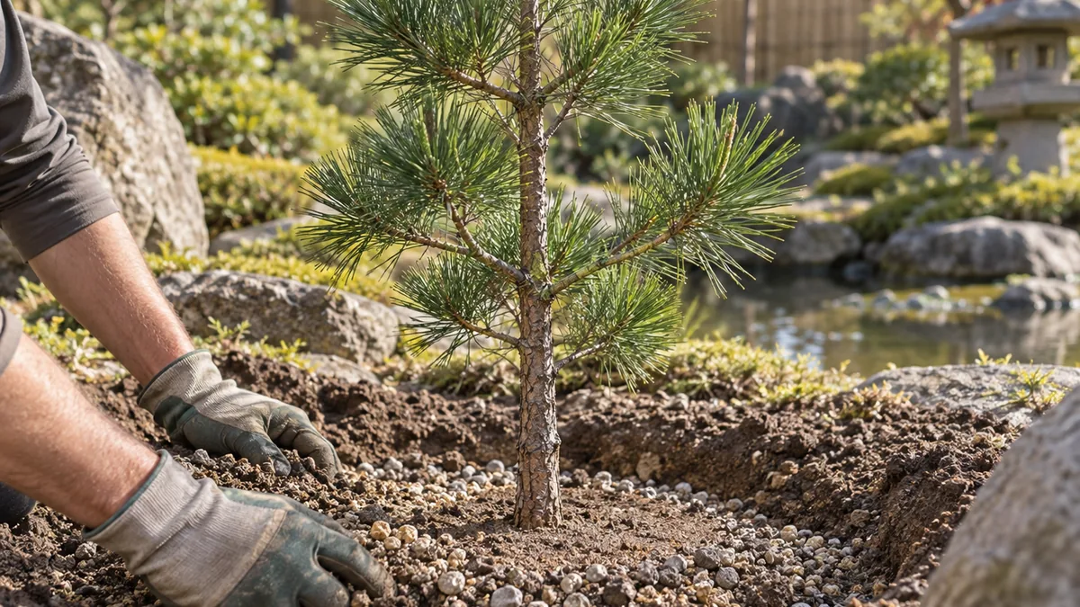 Plantation d’un Pinus thunbergii dans un sol drainé et ensoleillé