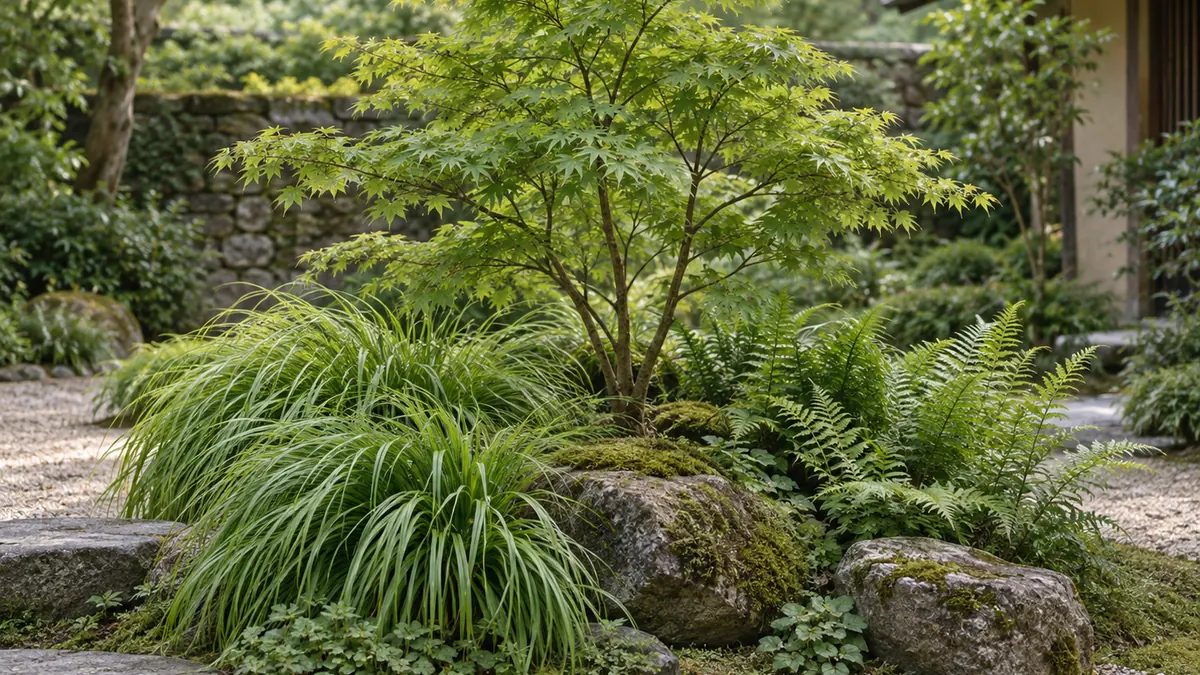 Érable du Japon, Hakonechloa et fougères dans un coin de jardin zen