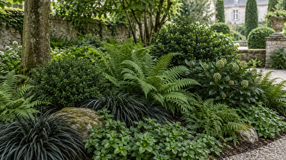 Ophiopogons, fougères et arbustes persistants dans un jardin japonais facile à entretenir