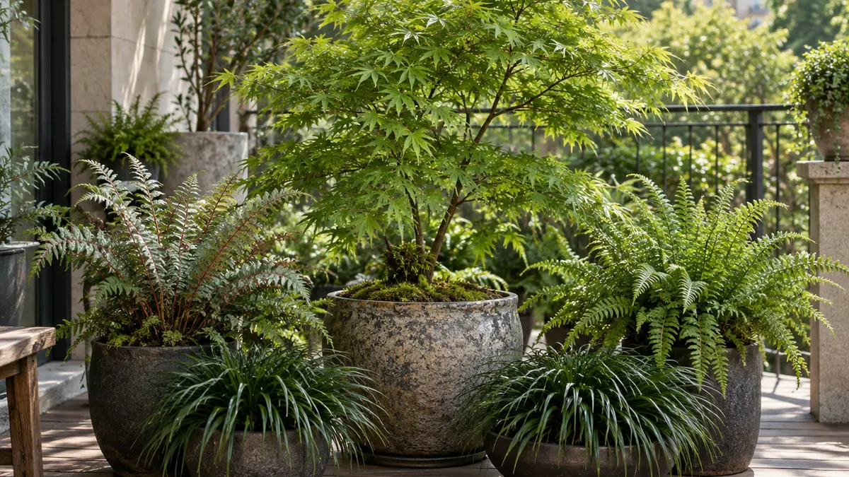 Érable du Japon, fougères et ophiopogons cultivés en pots sur un balcon