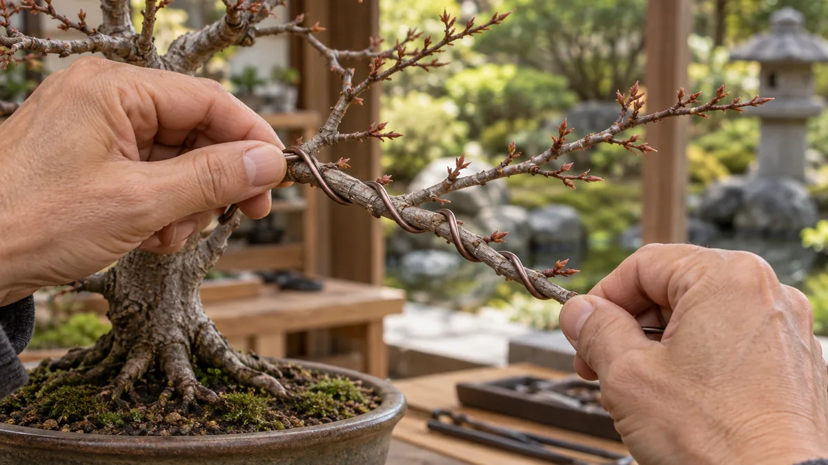 Pose à 45 degrés du fil de ligature sur une branche de bonsaï