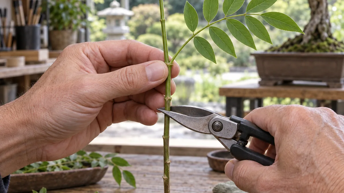 Préparation d’une tige semi-aoûtée pour le bouturage de la glycine