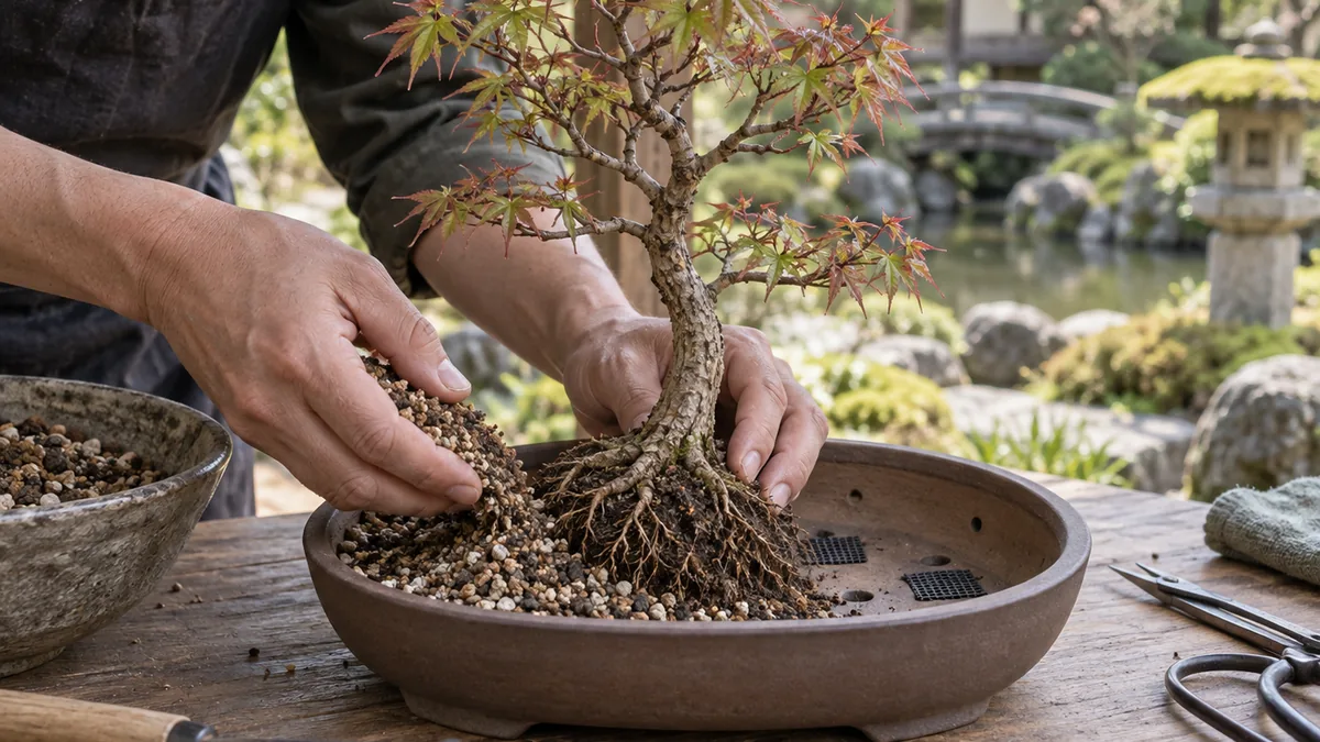 Rempotage d’un bonsai dans un substrat granuleux et drainant