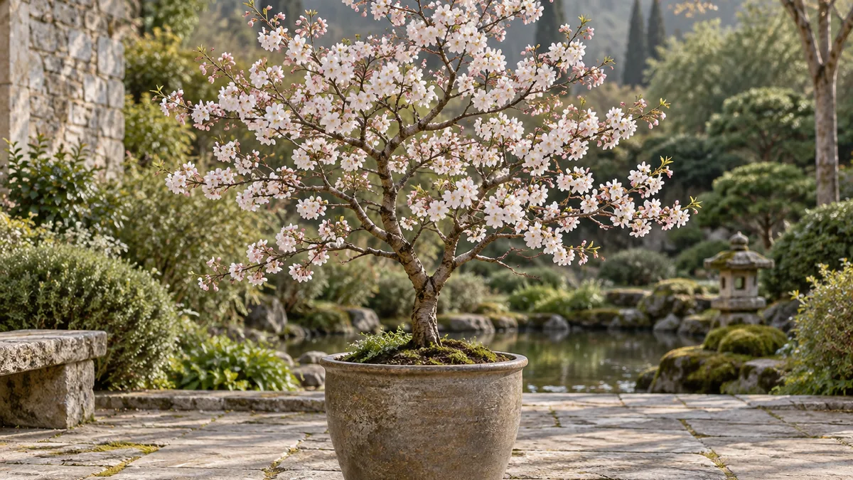 Sakura nain Kojo-no-mai cultivé dans un grand pot sur une terrasse