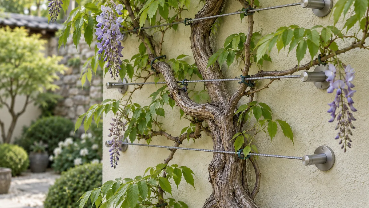 Support mural de glycine composé de câbles galvanisés et de fixations solides