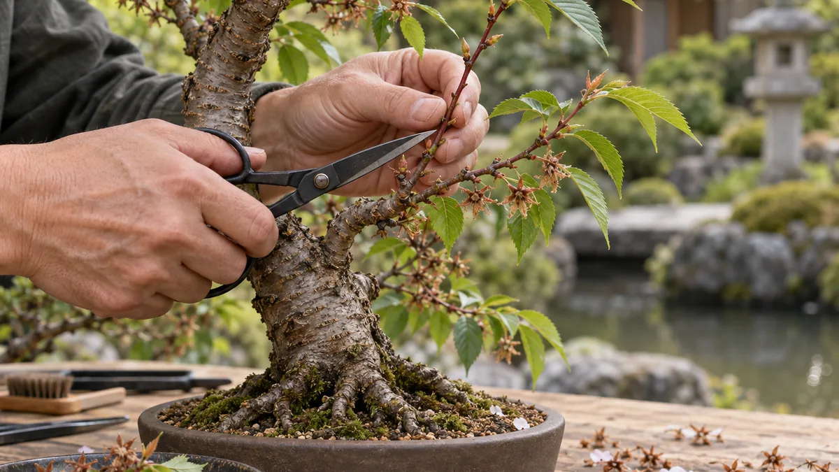 Taille de rameaux sur un cerisier bonsaï après la floraison