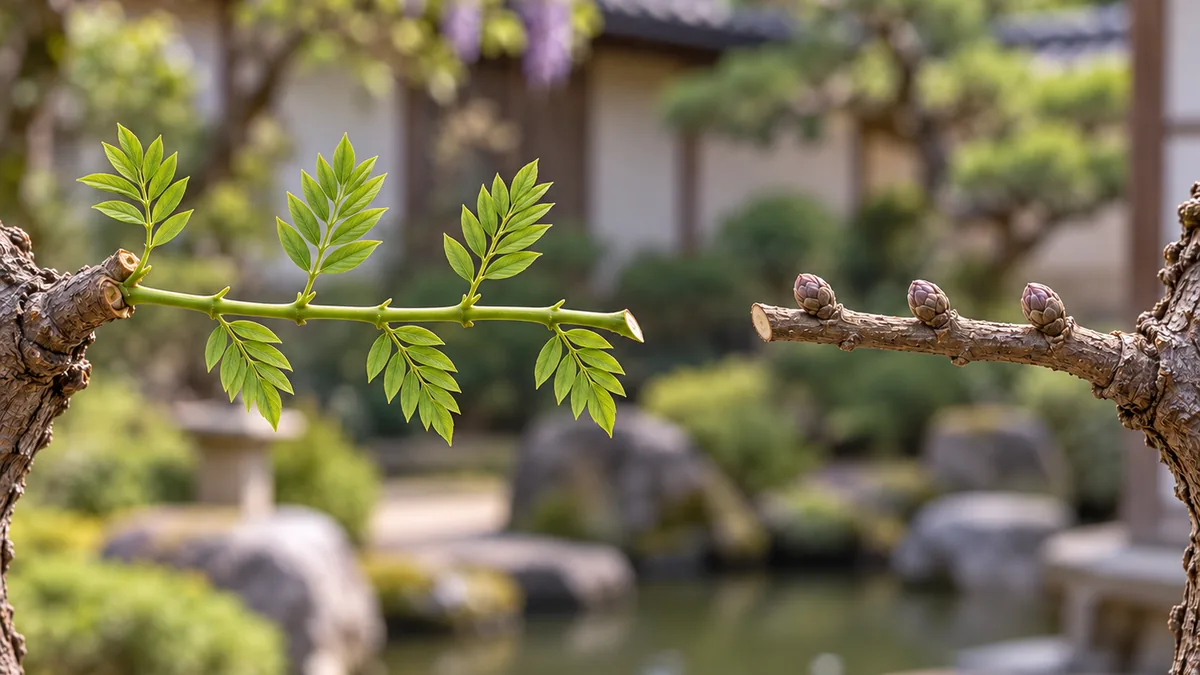 Schéma de taille d'une glycine montrant les coupes d'été et d'hiver