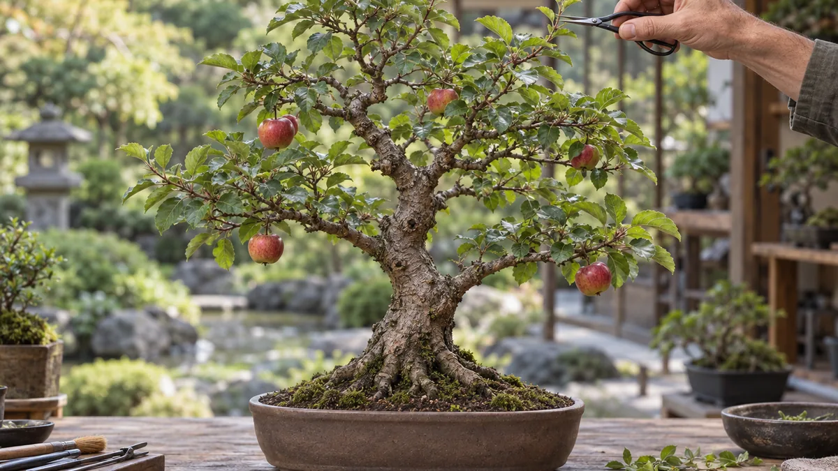 Taille d’entretien d’un pommier bonsaï portant de petites pommes rouges