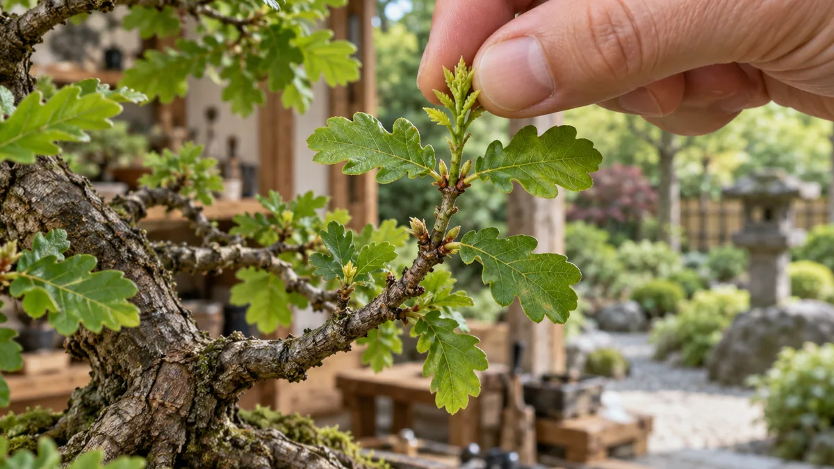 Pincement d’une pousse de chêne bonsaï pour développer la ramification