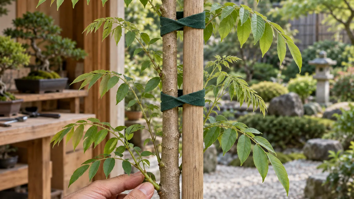 Tuteurage d’une jeune glycine sur tige avec des liens souples