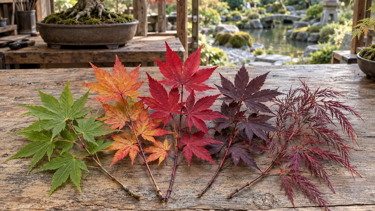 Feuilles vertes, orangées, rouges et découpées de plusieurs Acer palmatum